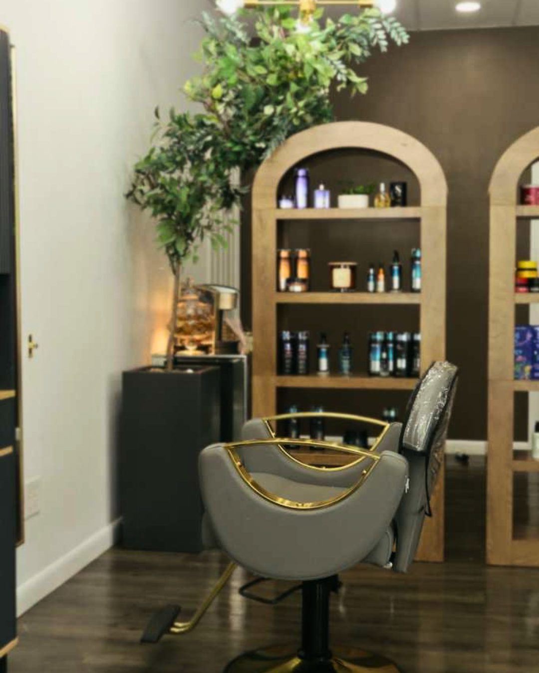 Styling chair beside curated product arch